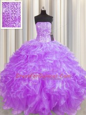 Visible Boning Strapless Sleeveless Organza Vestidos de Quinceanera Beading and Ruffles Lace Up