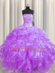 Visible Boning Strapless Sleeveless Organza Vestidos de Quinceanera Beading and Ruffles Lace Up