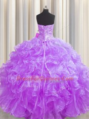 Visible Boning Strapless Sleeveless Organza Vestidos de Quinceanera Beading and Ruffles Lace Up