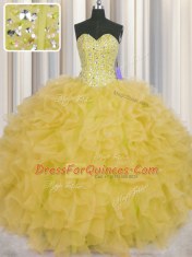Enchanting Visible Boning Yellow Ball Gowns Sweetheart Sleeveless Organza Floor Length Lace Up Beading and Ruffles and Sashes ribbons Quinceanera Dress