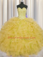 Enchanting Visible Boning Yellow Ball Gowns Sweetheart Sleeveless Organza Floor Length Lace Up Beading and Ruffles and Sashes ribbons Quinceanera Dress