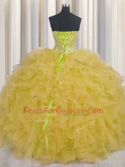 Enchanting Visible Boning Yellow Ball Gowns Sweetheart Sleeveless Organza Floor Length Lace Up Beading and Ruffles and Sashes ribbons Quinceanera Dress