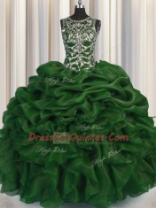 Scoop See Through Sleeveless Organza Floor Length Lace Up Sweet 16 Dresses in Dark Green with Beading and Pick Ups