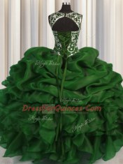 Scoop See Through Sleeveless Organza Floor Length Lace Up Sweet 16 Dresses in Dark Green with Beading and Pick Ups