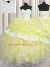 Light Yellow Sweetheart Lace Up Beading and Appliques and Ruffles and Pick Ups Vestidos de Quinceanera Sleeveless