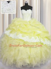 Light Yellow Sweetheart Lace Up Beading and Appliques and Ruffles and Pick Ups Vestidos de Quinceanera Sleeveless