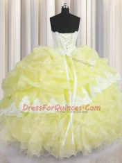 Light Yellow Sweetheart Lace Up Beading and Appliques and Ruffles and Pick Ups Vestidos de Quinceanera Sleeveless