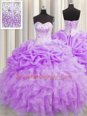 Attractive Visible Boning Purple Sweetheart Neckline Beading and Ruffles and Pick Ups 15 Quinceanera Dress Sleeveless Lace Up