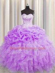Attractive Visible Boning Purple Sweetheart Neckline Beading and Ruffles and Pick Ups 15 Quinceanera Dress Sleeveless Lace Up