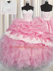 Edgy Rose Pink Organza Lace Up Sweetheart Sleeveless Floor Length Sweet 16 Dresses Beading and Appliques and Ruffles and Pick Ups