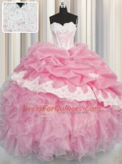 Edgy Rose Pink Organza Lace Up Sweetheart Sleeveless Floor Length Sweet 16 Dresses Beading and Appliques and Ruffles and Pick Ups