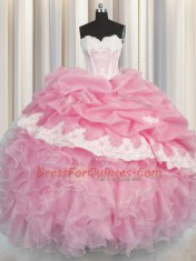 Edgy Rose Pink Organza Lace Up Sweetheart Sleeveless Floor Length Sweet 16 Dresses Beading and Appliques and Ruffles and Pick Ups