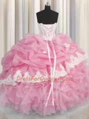 Edgy Rose Pink Organza Lace Up Sweetheart Sleeveless Floor Length Sweet 16 Dresses Beading and Appliques and Ruffles and Pick Ups