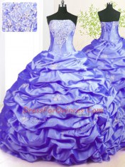 Custom Designed Pick Ups With Train Lavender 15th Birthday Dress Strapless Sleeveless Sweep Train Lace Up