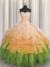 Multi-color Organza Lace Up Sweetheart Sleeveless Floor Length Sweet 16 Quinceanera Dress Beading and Ruffles and Ruffled Layers and Sequins