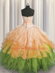 Multi-color Organza Lace Up Sweetheart Sleeveless Floor Length Sweet 16 Quinceanera Dress Beading and Ruffles and Ruffled Layers and Sequins
