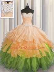 Multi-color Organza Lace Up Sweetheart Sleeveless Floor Length Sweet 16 Quinceanera Dress Beading and Ruffles and Ruffled Layers and Sequins