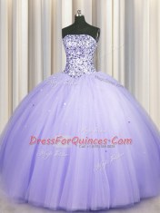 Popular Puffy Skirt Sleeveless Floor Length Beading and Sequins Lace Up Sweet 16 Quinceanera Dress with Lavender