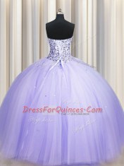 Popular Puffy Skirt Sleeveless Floor Length Beading and Sequins Lace Up Sweet 16 Quinceanera Dress with Lavender