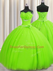 Exquisite Handcrafted Flower Strapless Neckline Beading and Sequins and Hand Made Flower 15th Birthday Dress Sleeveless Lace Up