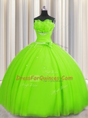 Exquisite Handcrafted Flower Strapless Neckline Beading and Sequins and Hand Made Flower 15th Birthday Dress Sleeveless Lace Up
