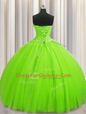 Exquisite Handcrafted Flower Strapless Neckline Beading and Sequins and Hand Made Flower 15th Birthday Dress Sleeveless Lace Up