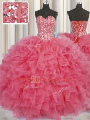 Designer Visible Boning Sleeveless Organza Floor Length Lace Up Vestidos de Quinceanera in Coral Red with Beading and Ruffles