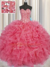Designer Visible Boning Sleeveless Organza Floor Length Lace Up Vestidos de Quinceanera in Coral Red with Beading and Ruffles