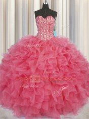 Designer Visible Boning Sleeveless Organza Floor Length Lace Up Vestidos de Quinceanera in Coral Red with Beading and Ruffles