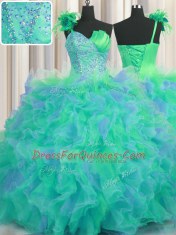 Handcrafted Flower Multi-color Ball Gowns One Shoulder Sleeveless Tulle Floor Length Lace Up Beading and Ruffles and Hand Made Flower Ball Gown Prom Dress