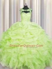 Yellow Green Scoop Lace Up Beading and Pick Ups Ball Gown Prom Dress Sleeveless
