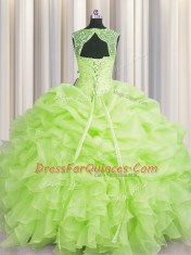 Yellow Green Scoop Lace Up Beading and Pick Ups Ball Gown Prom Dress Sleeveless