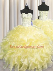 Visible Boning Zipper Up Sweetheart Sleeveless Ball Gown Prom Dress Floor Length Beading and Ruffles Light Yellow Organza