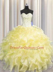 Visible Boning Zipper Up Sweetheart Sleeveless Ball Gown Prom Dress Floor Length Beading and Ruffles Light Yellow Organza