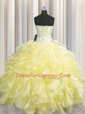 Visible Boning Zipper Up Sweetheart Sleeveless Ball Gown Prom Dress Floor Length Beading and Ruffles Light Yellow Organza