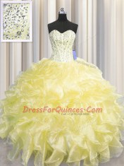Visible Boning Zipper Up Sweetheart Sleeveless Ball Gown Prom Dress Floor Length Beading and Ruffles Light Yellow Organza