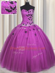 Shining Floor Length Fuchsia 15 Quinceanera Dress Tulle Sleeveless Beading and Appliques