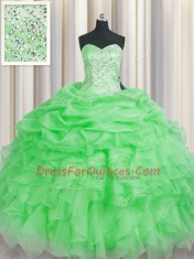 Dynamic Floor Length Lace Up Vestidos de Quinceanera Green for Military Ball and Sweet 16 and Quinceanera with Beading and Ruffles