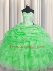 Dynamic Floor Length Lace Up Vestidos de Quinceanera Green for Military Ball and Sweet 16 and Quinceanera with Beading and Ruffles