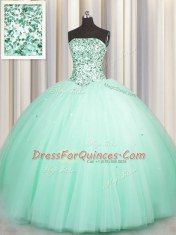 Puffy Skirt Apple Green Sweetheart Lace Up Beading and Sequins Sweet 16 Dress Sleeveless