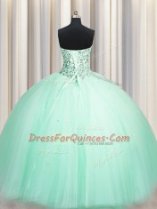 Puffy Skirt Apple Green Sweetheart Lace Up Beading and Sequins Sweet 16 Dress Sleeveless