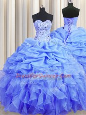 Blue Organza Lace Up Vestidos de Quinceanera Sleeveless Floor Length Beading and Ruffles and Pick Ups