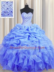 Blue Organza Lace Up Vestidos de Quinceanera Sleeveless Floor Length Beading and Ruffles and Pick Ups