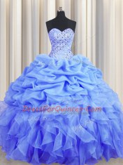 Blue Organza Lace Up Vestidos de Quinceanera Sleeveless Floor Length Beading and Ruffles and Pick Ups