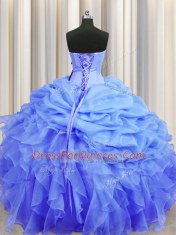 Blue Organza Lace Up Vestidos de Quinceanera Sleeveless Floor Length Beading and Ruffles and Pick Ups