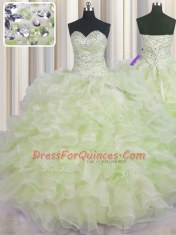 Eye-catching Yellow Green Sleeveless Organza Lace Up 15th Birthday Dress for Military Ball and Sweet 16 and Quinceanera