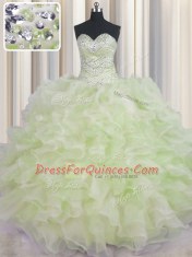 Eye-catching Yellow Green Sleeveless Organza Lace Up 15th Birthday Dress for Military Ball and Sweet 16 and Quinceanera
