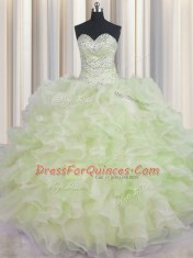 Eye-catching Yellow Green Sleeveless Organza Lace Up 15th Birthday Dress for Military Ball and Sweet 16 and Quinceanera