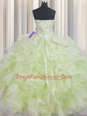 Eye-catching Yellow Green Sleeveless Organza Lace Up 15th Birthday Dress for Military Ball and Sweet 16 and Quinceanera