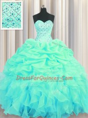 Traditional Pick Ups Ball Gowns 15 Quinceanera Dress Turquoise Sweetheart Organza Sleeveless Floor Length Lace Up